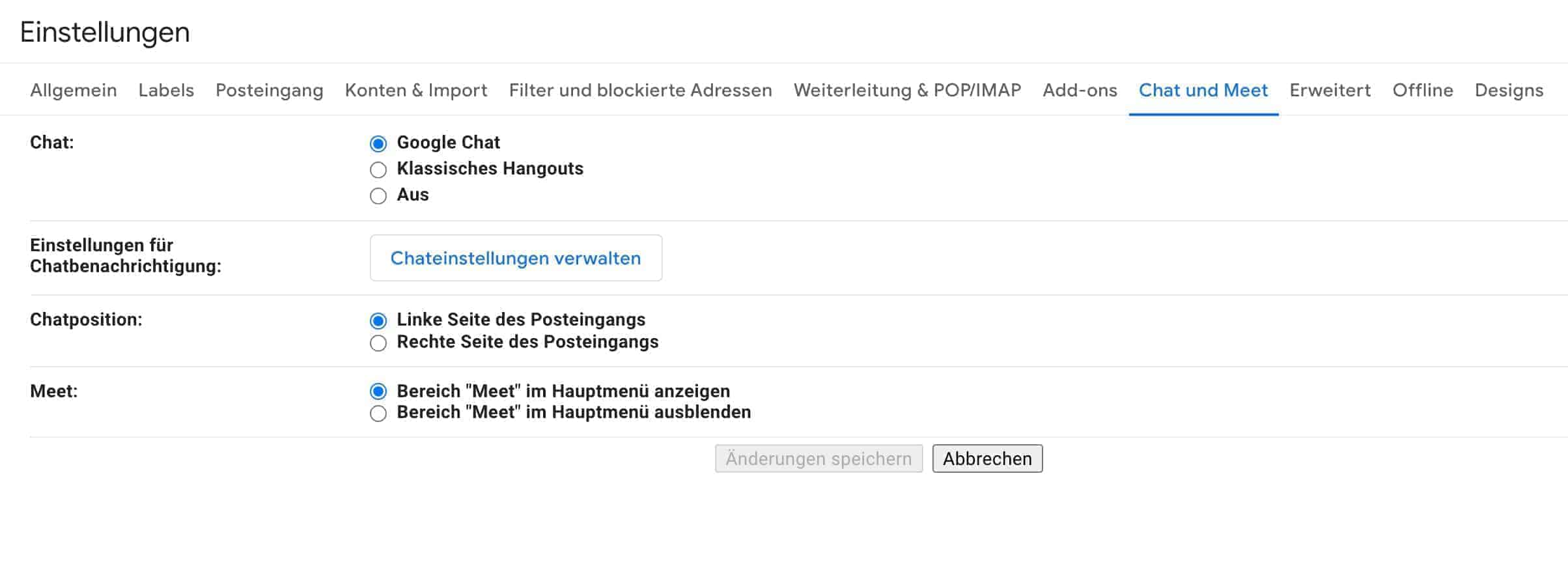 Google Chat Gmail Einstellungen