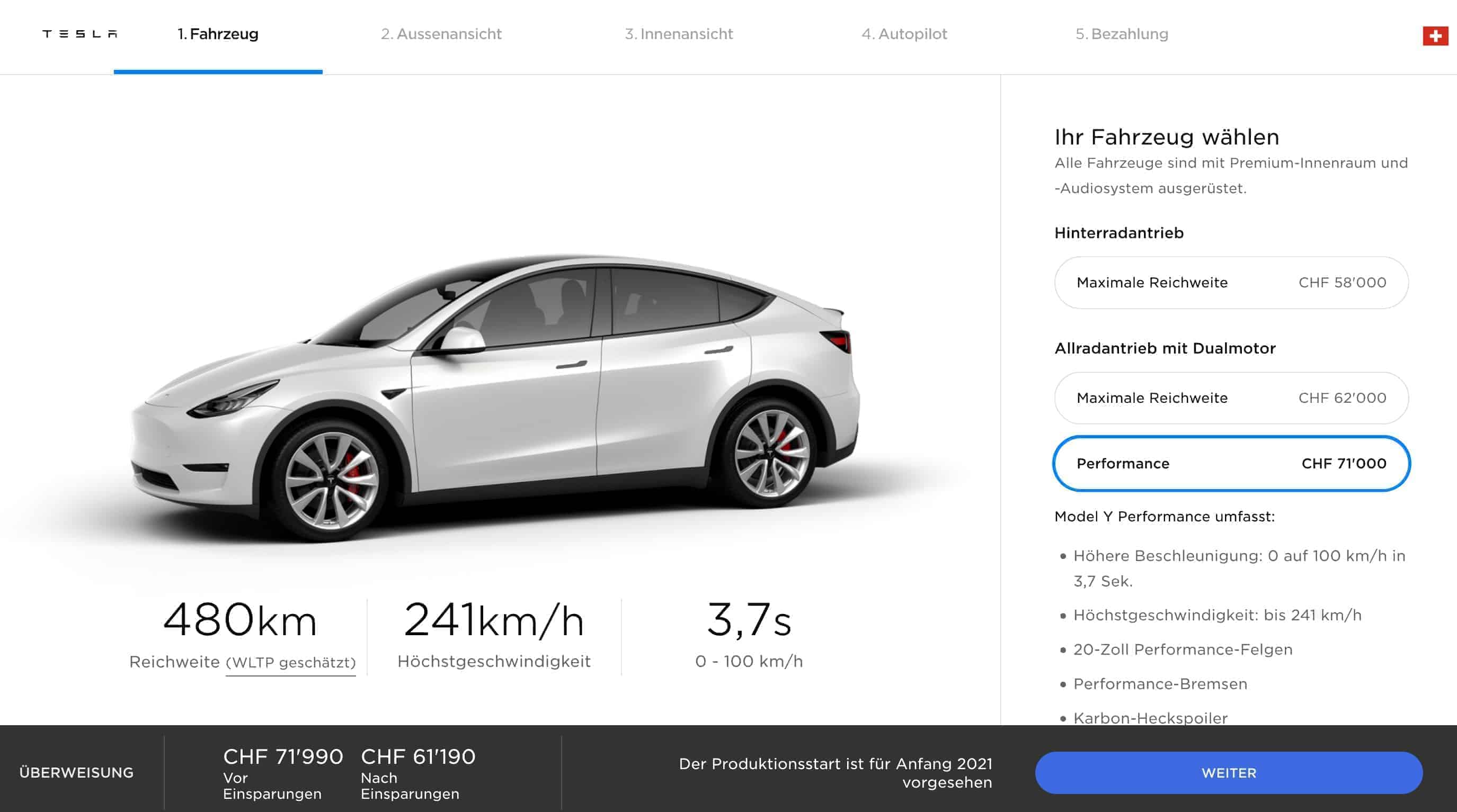 Tesla Model Y Performance Bestellung Schweiz