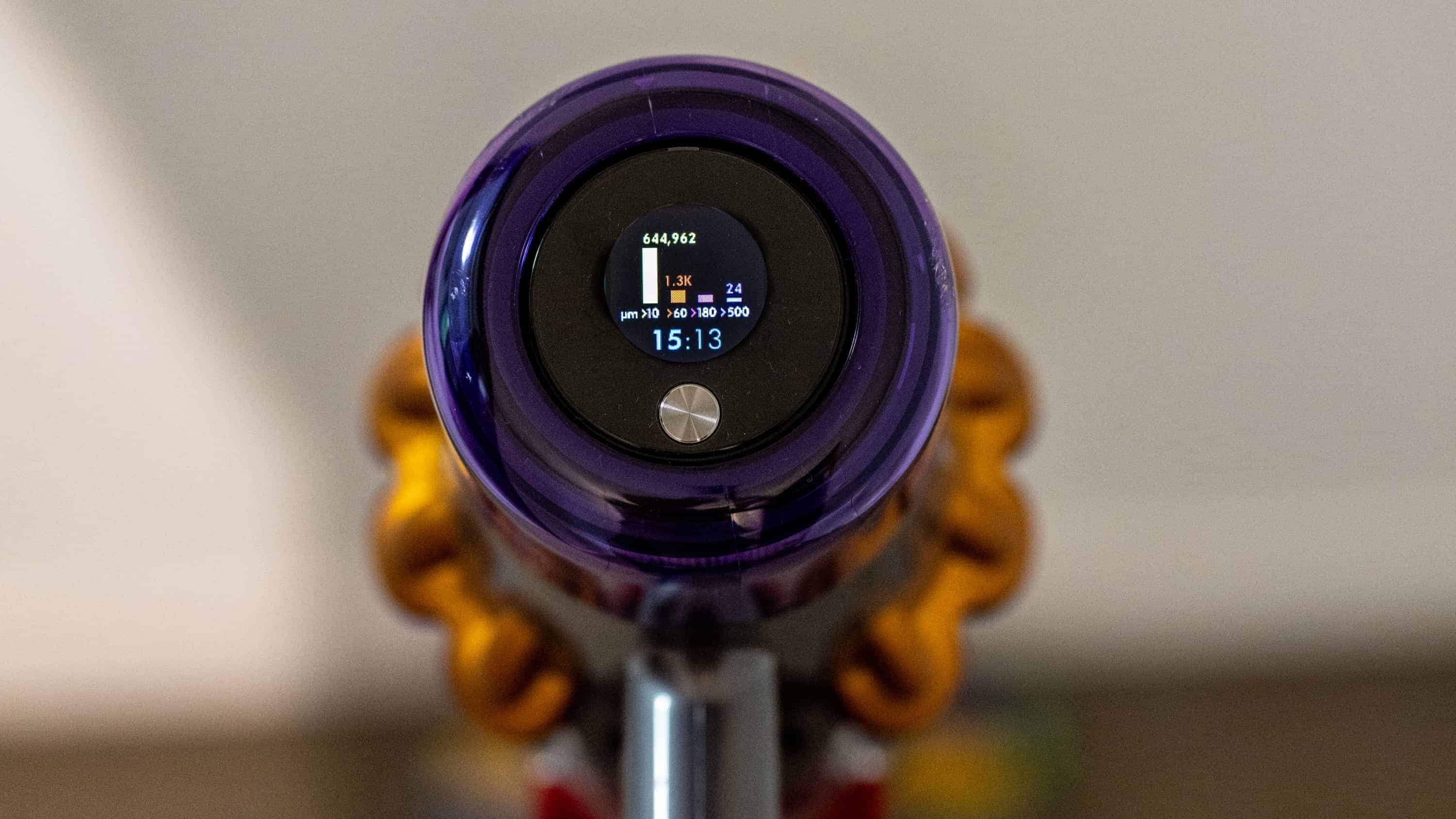 Dyson V15 Detect Akkustaubsauge Partikelfilter Sensor auf Display