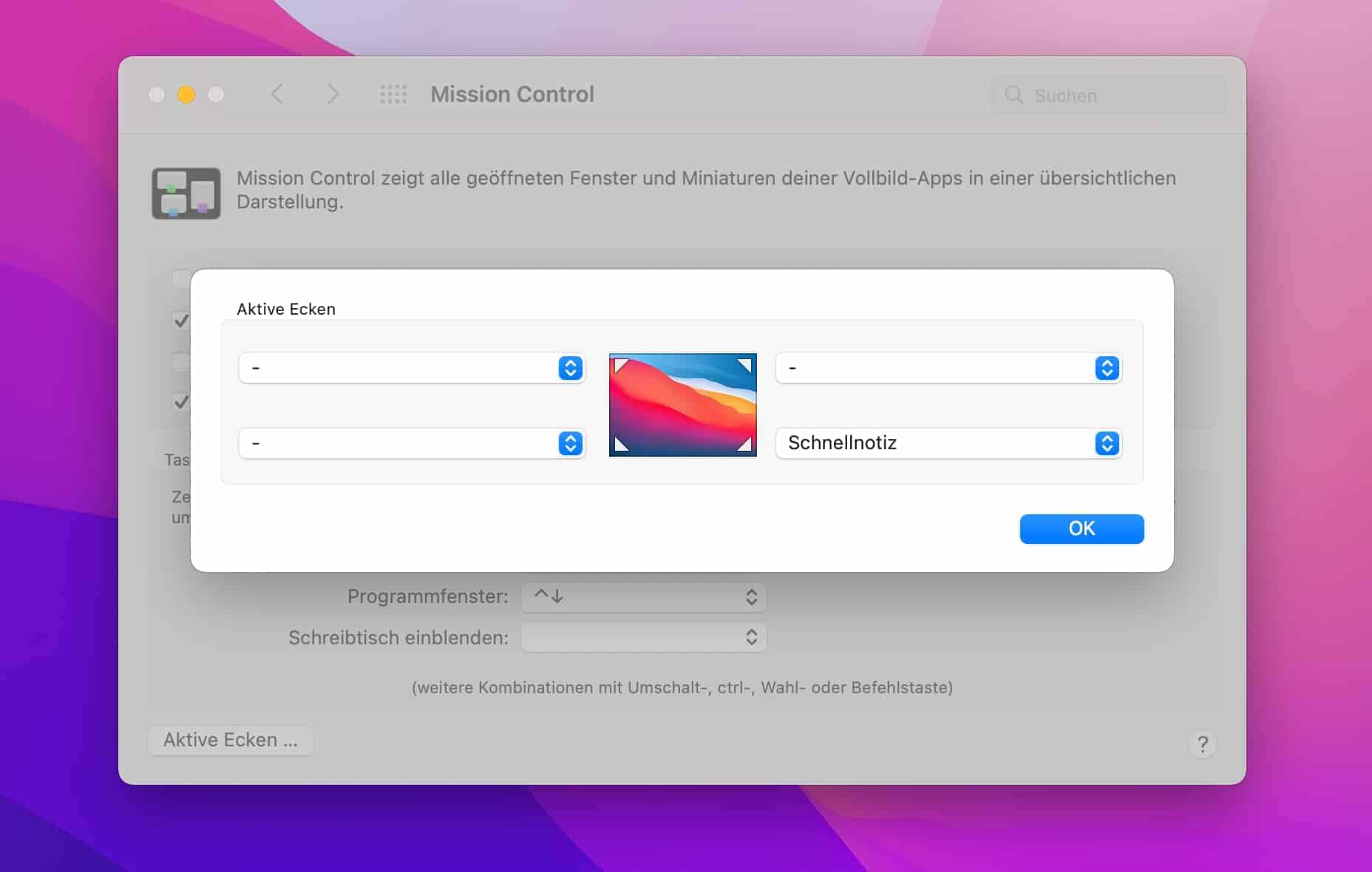 Schnellnotiz Aktive Eckenl macOS Monterey