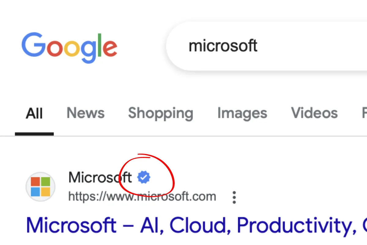 Google Search verified blue checkmark