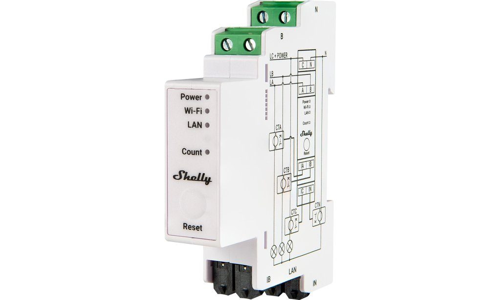 Weißes elektronisches Messgerät mit grünen Schraubklemmen oben, Beschriftungen wie „Power“, „Wi-Fi“, „LAN“, „Count“ und „Shelly“ auf der Vorderseite, sowie einem Reset-Knopf. Auf der Seite sind Schaltpläne und Anschlussbezeichnungen aufgedruckt.