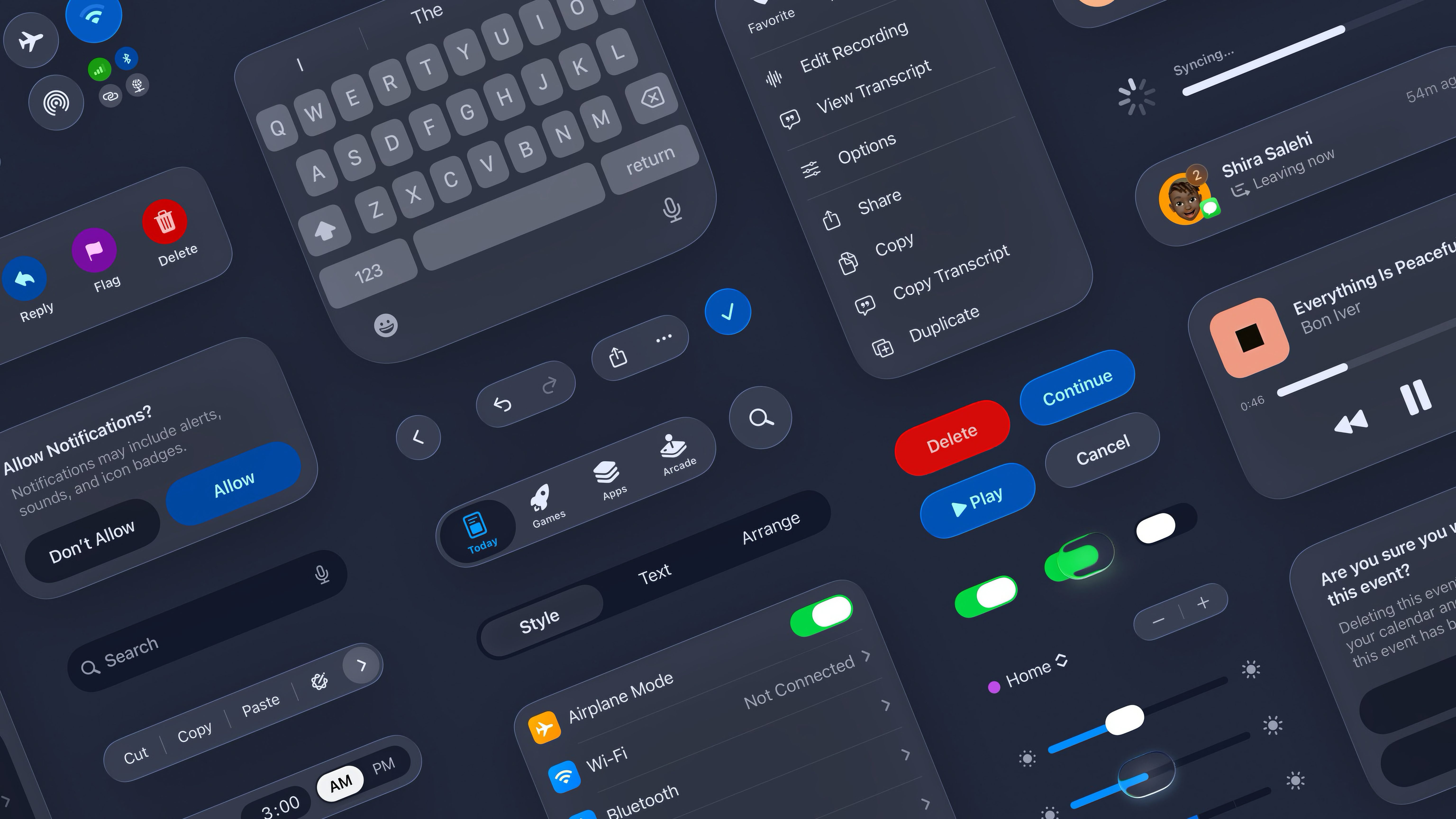 Mehrere UI-Elemente in einem dunklen Design, darunter eine Bildschirmtastatur, Schalter für Flugmodus, WLAN und Bluetooth, Buttons mit Beschriftungen wie "Delete", "Continue" und "Play", ein Musikplayer mit dem Titel "Everything Is Peaceful" von Bon Iver, Benachrichtigungsoptionen, Lautstärkeregler, Suchleiste, und ein Menü mit Optionen wie "Edit Recording" und "View Transcript".
