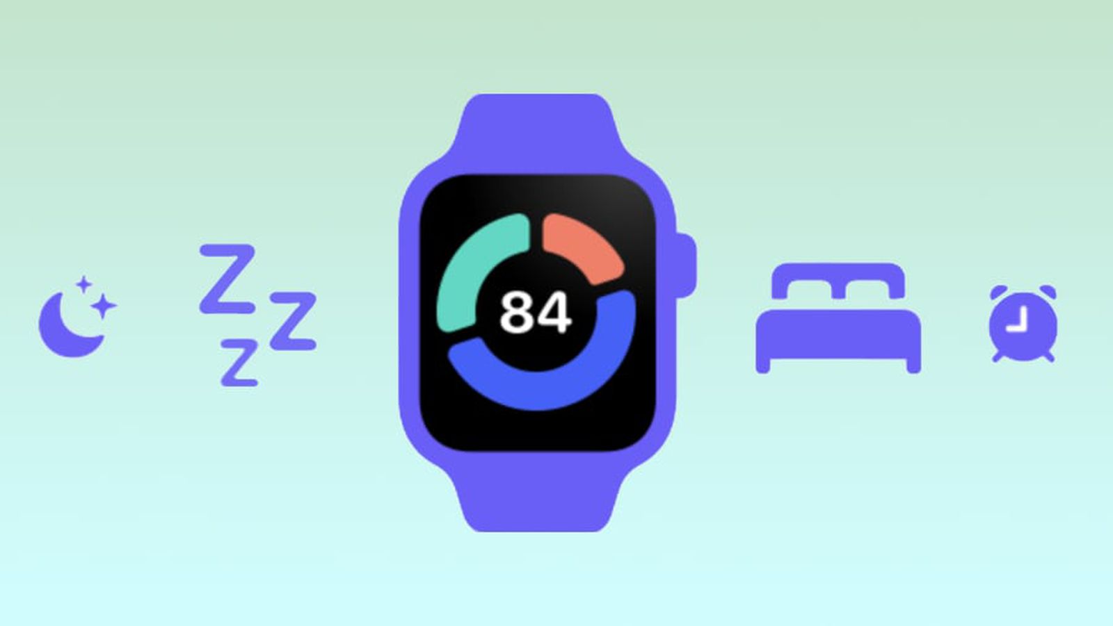 Eine stilisierte Smartwatch mit einem Schlaf-Score von 84 auf dem Display, umgeben von Symbolen für Mond mit Sternen, Zzz, Bett und Wecker, auf einem hellblauen bis grünen Hintergrund.