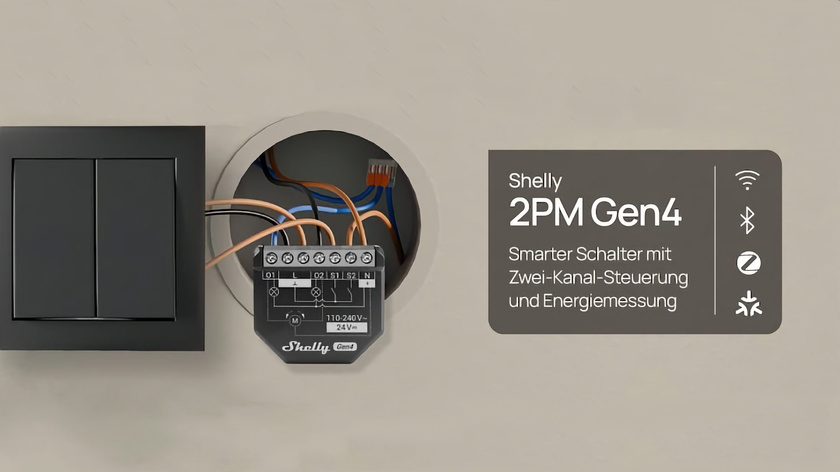 Ein eingebauter Shelly 2PM Gen4 Smart-Schalter mit mehreren angeschlossenen Kabeln in einer runden Wanddose neben einem schwarzen Doppel-Lichtschalter. Daneben steht der Text: „Shelly 2PM Gen4 Smarter Schalter mit Zwei-Kanal-Steuerung und Energiemessung“ sowie Symbole für WLAN, Bluetooth, Zigbee und Matter.