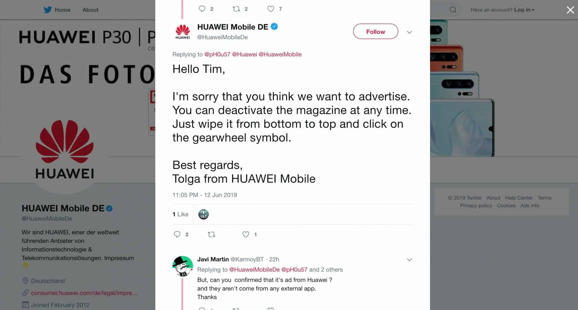 Huawei Mobile DE Twitter Werbung Antwort