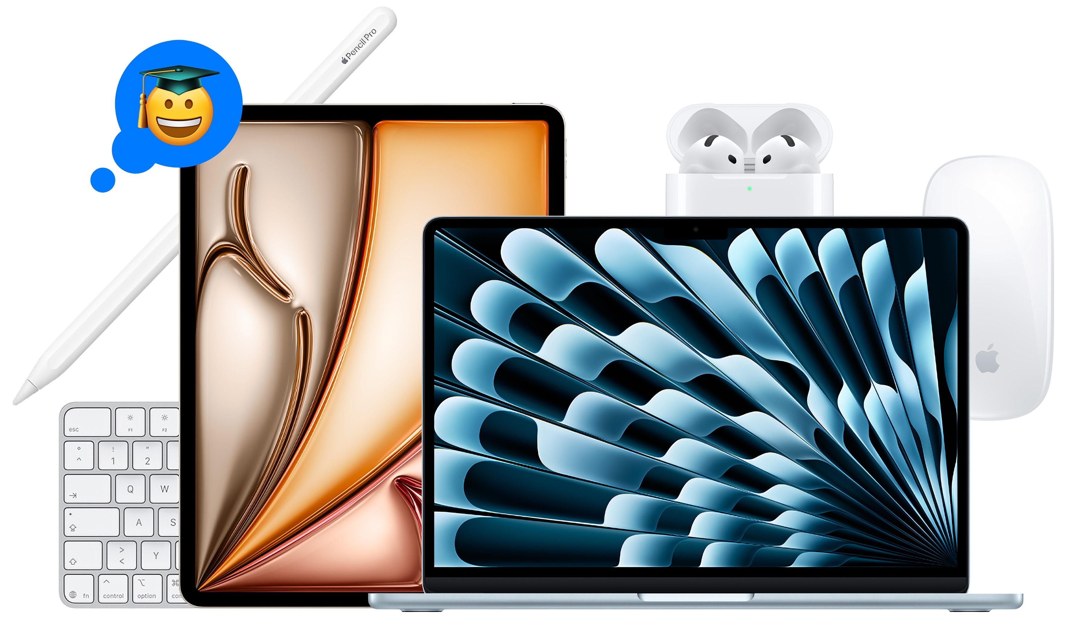 Laptop, Tablet mit Apple Pencil, kabellose Kopfhörer, Tastatur und Maus, alle in Weiß und Silber, vor weißem Hintergrund. Ein blauer Denkblasen-Emoji mit einem lächelnden Gesicht und einem Doktorhut ist links oben zu sehen.