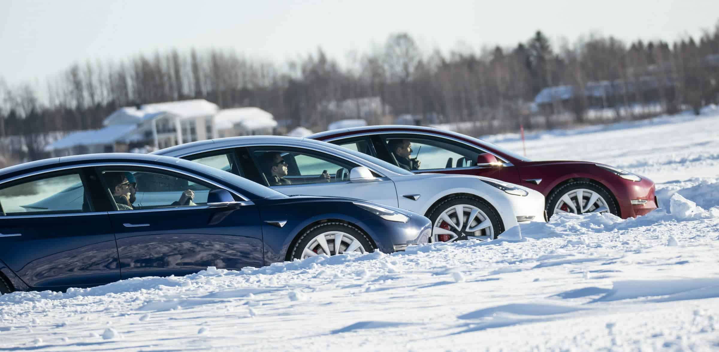 Tesla Model 3 Snow Drive Three Cars