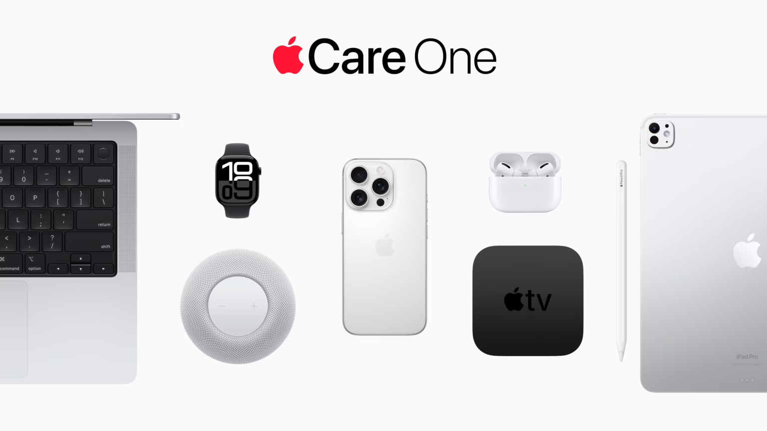 Verschiedene Apple-Produkte auf weißem Hintergrund, darunter ein MacBook, eine Apple Watch, ein HomePod mini, ein iPhone, AirPods Pro, eine Apple TV-Box, ein Apple Pencil und ein iPad Pro, mit dem Schriftzug „Apple Care One“ darüber.