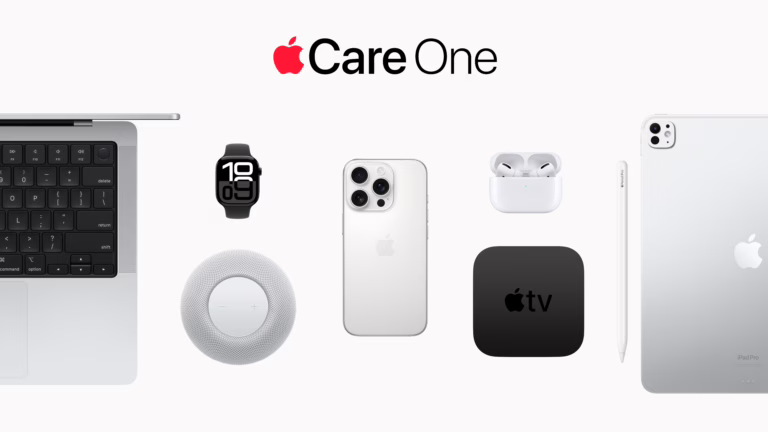 Verschiedene Apple-Produkte auf weißem Hintergrund, darunter ein MacBook, eine Apple Watch, ein HomePod mini, ein iPhone, AirPods Pro, eine Apple TV-Box, ein Apple Pencil und ein iPad Pro, mit dem Schriftzug „Apple Care One“ darüber.