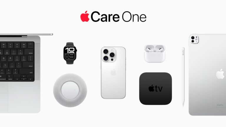 Verschiedene Apple-Produkte auf weißem Hintergrund, darunter ein MacBook, eine Apple Watch, ein HomePod mini, ein iPhone, AirPods Pro, eine Apple TV-Box, ein Apple Pencil und ein iPad Pro, mit dem Schriftzug „Apple Care One“ darüber.