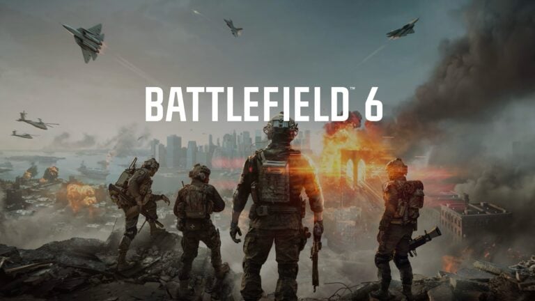 Vier bewaffnete Soldaten stehen auf einem Trümmerhügel und blicken auf eine brennende Stadt mit rauchenden Gebäuden. Im Himmel fliegen mehrere Kampfjets und Hubschrauber. Der Schriftzug „BATTLEFIELD 6“ ist mittig im Bild platziert.