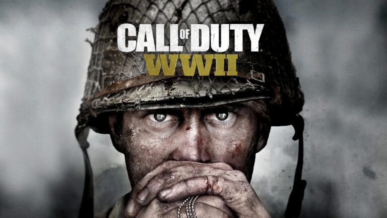 Nahaufnahme eines Soldaten mit schmutzigem Gesicht und Händen, der einen abgenutzten Stahlhelm trägt und die Hände vor den Mund hält. Im Hintergrund ist der Schriftzug „CALL OF DUTY WWII“ zu sehen.