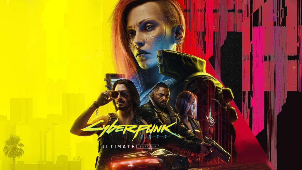 Porträt einer Frau mit rasiertem Kopf und roten Haaren im Cyberpunk-Stil, davor drei Personen mit futuristischer Kleidung und Waffen, im Hintergrund eine gelb-rote Stadtlandschaft, Schriftzug „Cyberpunk 2077 Ultimate Edition“.