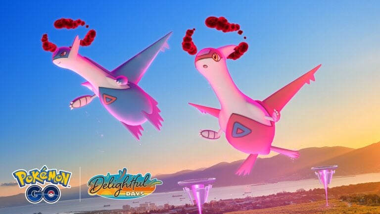 Zwei fliegende Pokémon vom Typ Drache/Flug mit roten, rauchähnlichen Spiralen über dem Kopf, vor einem Sonnenuntergangshimmel über einer Küstenstadt mit Bergen im Hintergrund. Unten links sind die Logos von „Pokémon GO“ und „Delightful Days“ zu sehen.