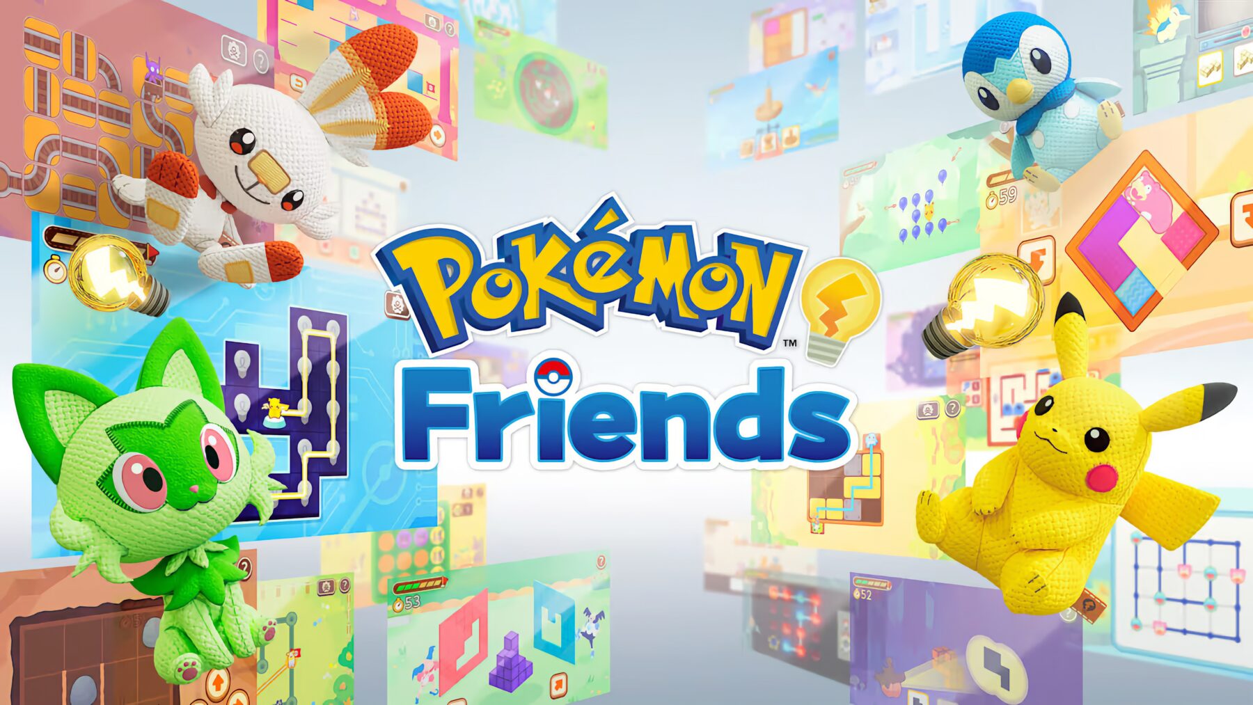 Vier gehäkelte Pokémon-Figuren (Scorbunny, Piplup, Pikachu, Grookey) umgeben den Schriftzug „Pokémon Friends“ vor einem Hintergrund mit verschiedenen bunten Spielbildschirmen.