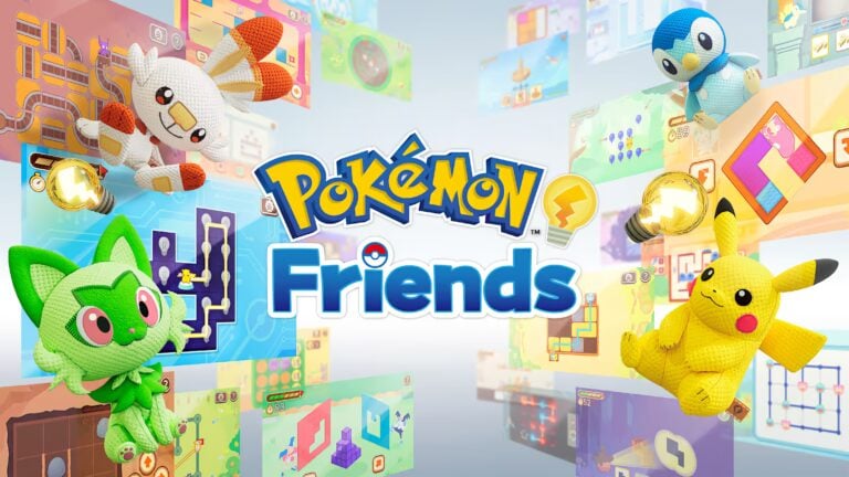 Vier gehäkelte Pokémon-Figuren (Scorbunny, Piplup, Pikachu, Grookey) umgeben den Schriftzug „Pokémon Friends“ vor einem Hintergrund mit verschiedenen bunten Spielbildschirmen.
