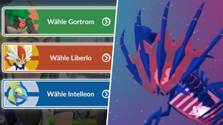 Links sind drei Auswahlfelder mit den Pokémon Gortrom, Liberlo und Intelleon in den Farben Grün, Orange und Blau. Rechts ist ein großes, dunkles, blau-rotes, drachenähnliches Pokémon mit mehreren langen Hörnern und einem offenen Maul zu sehen.