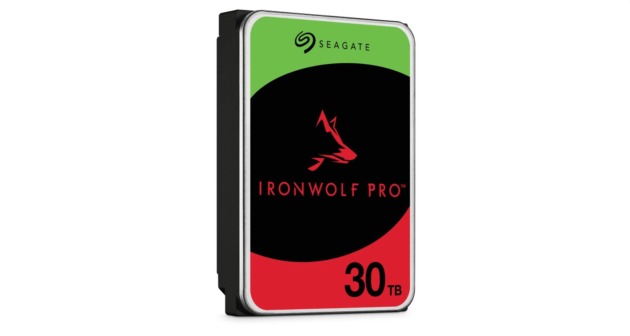 Interne Festplatte Seagate IronWolf Pro mit 30 Terabyte Speicherkapazität, schwarz mit grün-rotem Etikett und rotem Wolf-Logo.