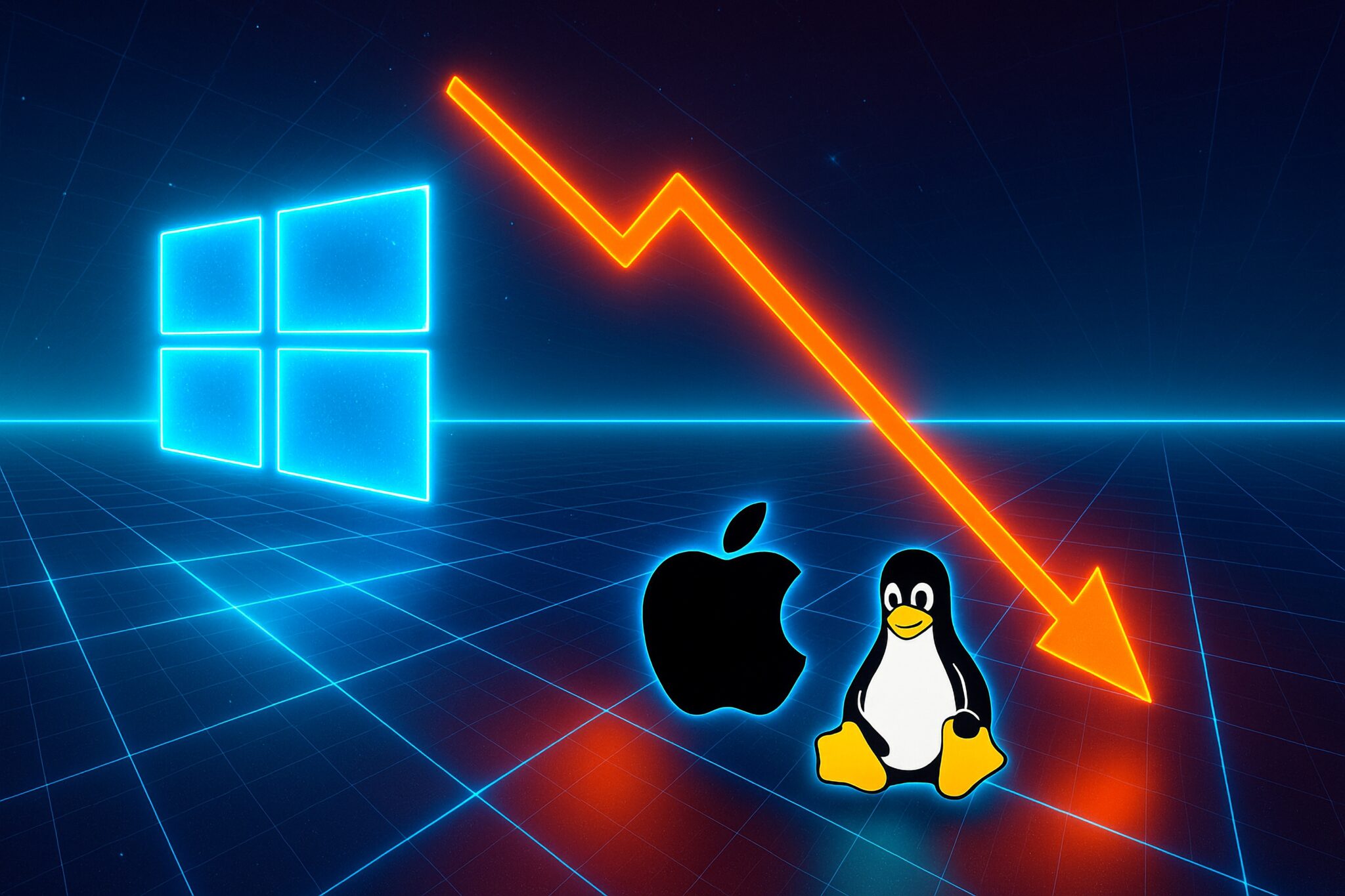 Das Bild zeigt das leuchtend blaue Windows-Logo links, daneben ein roter, nach unten zeigender Pfeil, der auf die Logos von Apple und Linux (Pinguin) rechts zeigt. Der Hintergrund ist ein futuristisches, rasterförmiges, dunkles Gitter.