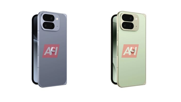Zwei moderne Smartphones mit rechteckigen Kameramodulen, eines in Grau und das andere in Hellgrün, beide mit zwei großen Kameralinsen und einem Blitz, leicht geöffnet, Rückseite sichtbar.