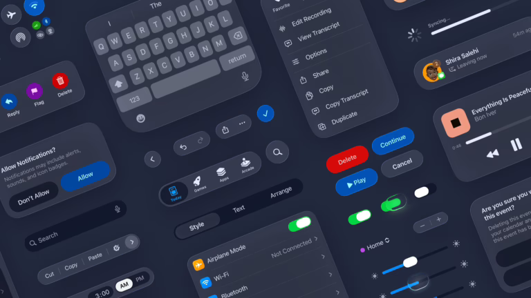 Mehrere UI-Elemente in einem dunklen Design, darunter eine Bildschirmtastatur, Schalter für Flugmodus, WLAN und Bluetooth, Buttons mit Beschriftungen wie "Delete", "Continue" und "Play", ein Musikplayer mit dem Titel "Everything Is Peaceful" von Bon Iver, Benachrichtigungsoptionen, Lautstärkeregler, Suchleiste, und ein Menü mit Optionen wie "Edit Recording" und "View Transcript".