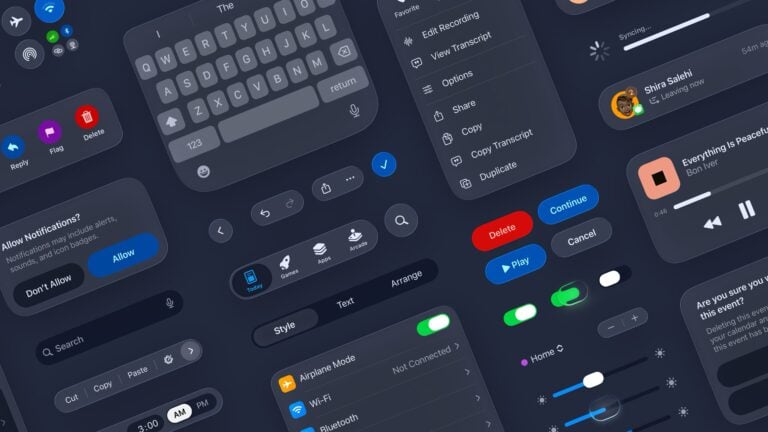 Mehrere UI-Elemente in einem dunklen Design, darunter eine Bildschirmtastatur, Schalter für Flugmodus, WLAN und Bluetooth, Buttons mit Beschriftungen wie "Delete", "Continue" und "Play", ein Musikplayer mit dem Titel "Everything Is Peaceful" von Bon Iver, Benachrichtigungsoptionen, Lautstärkeregler, Suchleiste, und ein Menü mit Optionen wie "Edit Recording" und "View Transcript".